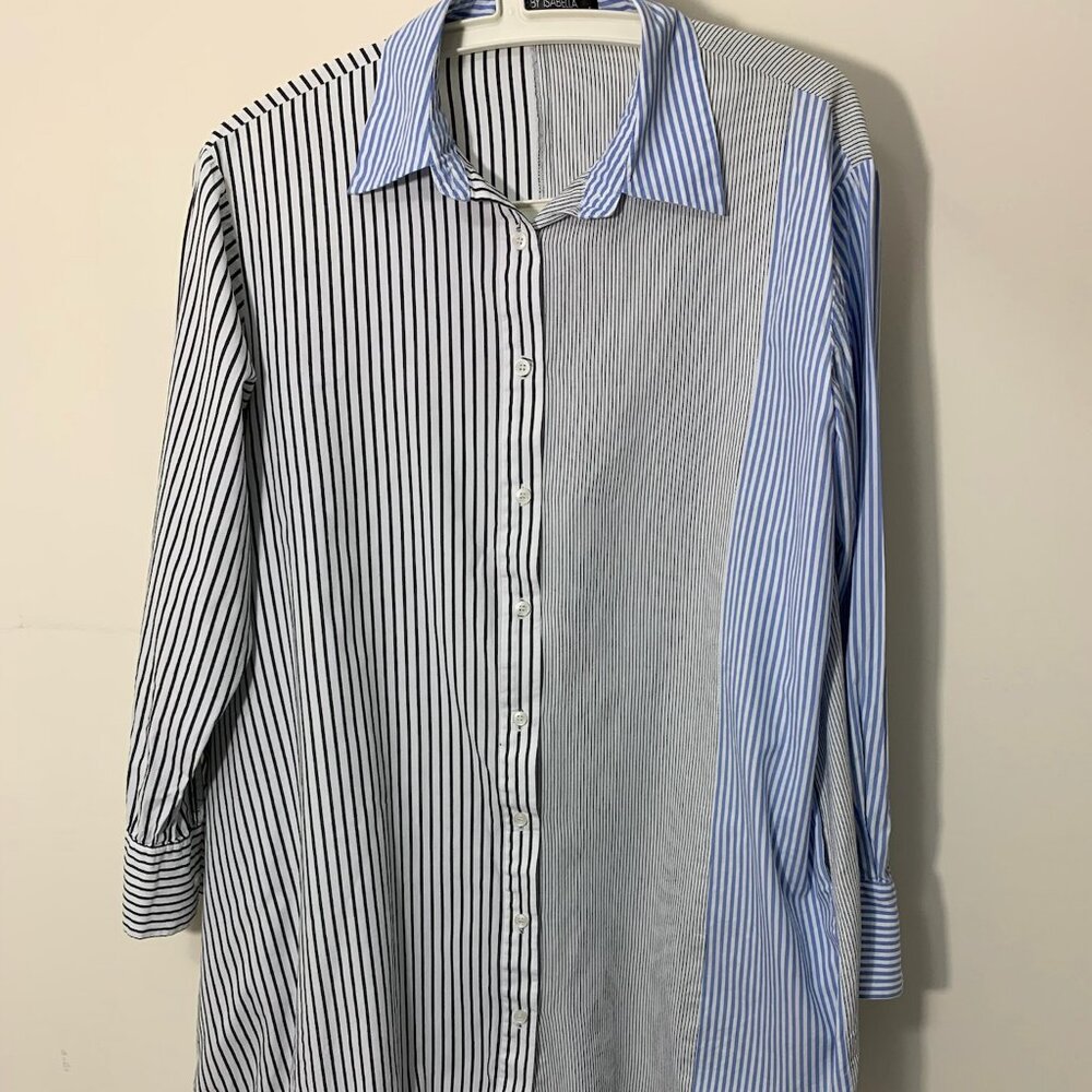 Gabby Isabella Long Button-Down Top – Mixed Stripe Pattern